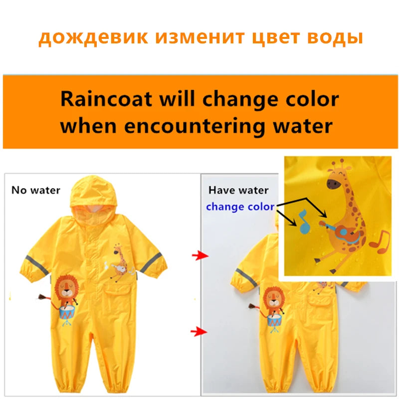 Kids Rain Suit with Hood Waterproof Jumpsuits Baby Cartoon Animals One Piece Raincoat Children Boys Girls Rainwear 1-12 Years