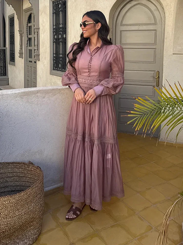 Fashion Hollow Out Long Dress For Women Turn-down Collar Full Sleeve Draped Lace Hem Robe 2025 Summer Elegant Lady Party Dresses