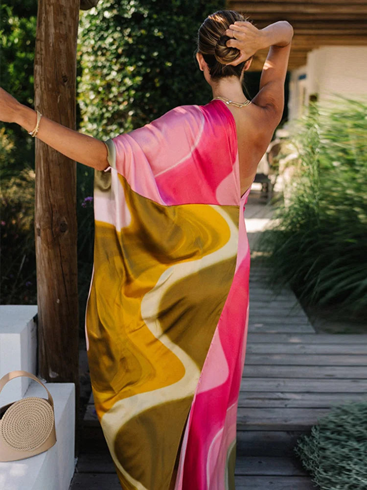 Fashion Print Long Dress For Women Skew-collar Short Sleeveless Backless Draped Robe 2025 Summer Elegant Female Party Dresses