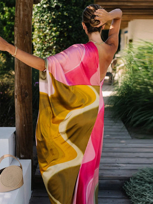 Fashion Print Long Dress For Women Skew-collar Short Sleeveless Backless Draped Robe 2025 Summer Elegant Female Party Dresses