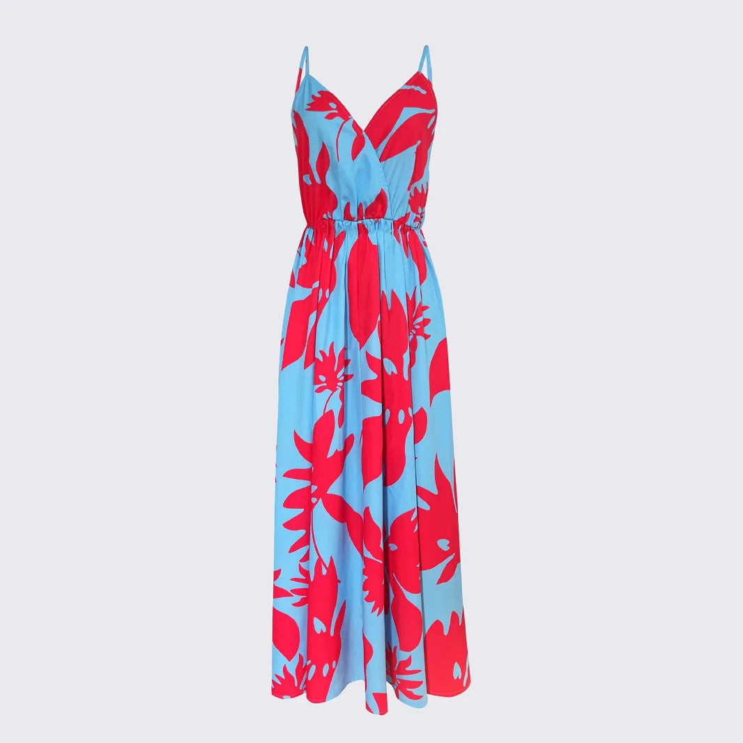 Fashionable French Style Midi Dress Multi-Color Deep V Waist Print Long Sleeveless Streetwear Trendy Elegant Cross-Border Gown
