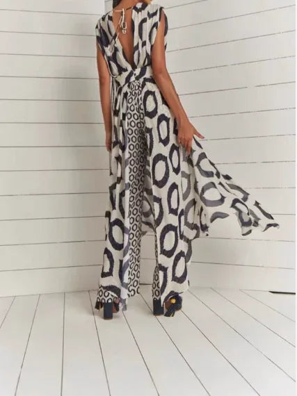 Fashion 2025 Summer 2 Piece Sets Womens Outfits Casual New Sexy Elegant Printed Sleeveless V-Neck Lace Up Top+Slim Fit Pants Set