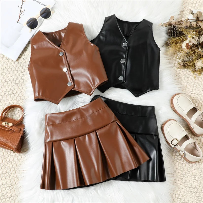Kids Girls PU Leather Sets Fashion Summer Sleeveless Button down Cropped Vests and Pleated Mini Skirt Children Streetwear Outfit