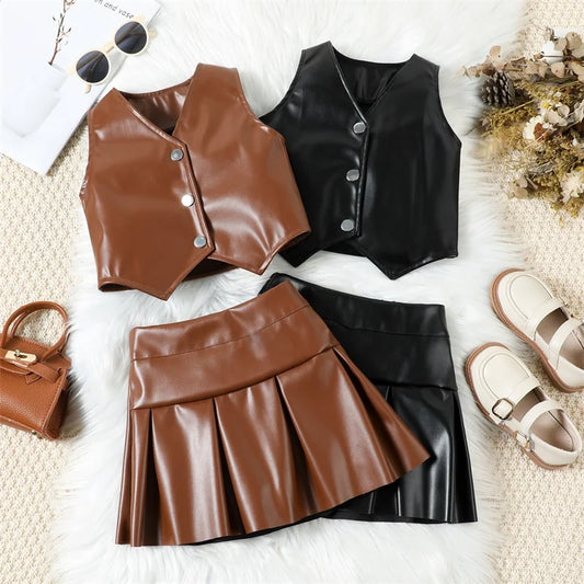 Kids Girls PU Leather Sets Fashion Summer Sleeveless Button down Cropped Vests and Pleated Mini Skirt Children Streetwear Outfit