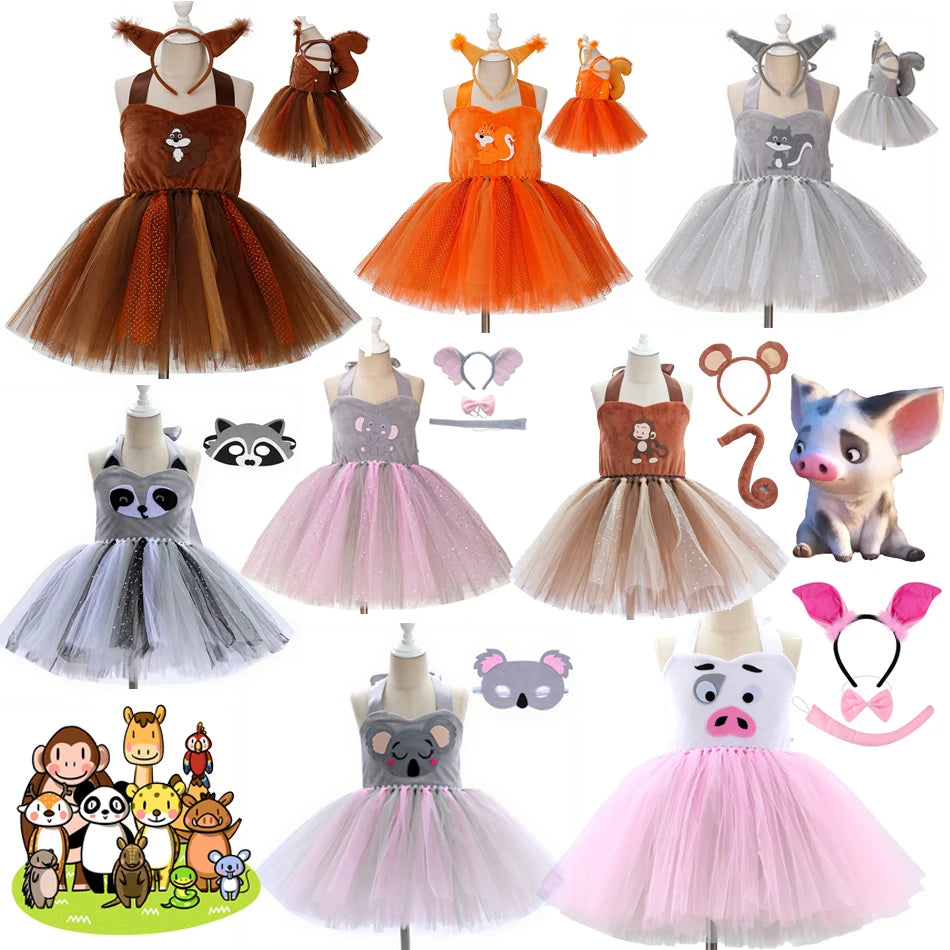 Kids Cartoon Tutu Mesh Gown Girls Monkey Elephant Squirrel Brown Bear Fox Sling Dress Headwear Sets Children Performance Vestido