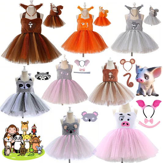 Kids Cartoon Tutu Mesh Gown Girls Monkey Elephant Squirrel Brown Bear Fox Sling Dress Headwear Sets Children Performance Vestido