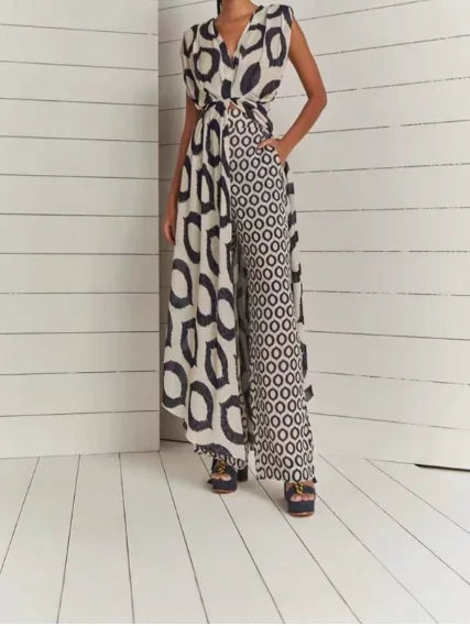 Fashion 2025 Summer 2 Piece Sets Womens Outfits Casual New Sexy Elegant Printed Sleeveless V-Neck Lace Up Top+Slim Fit Pants Set