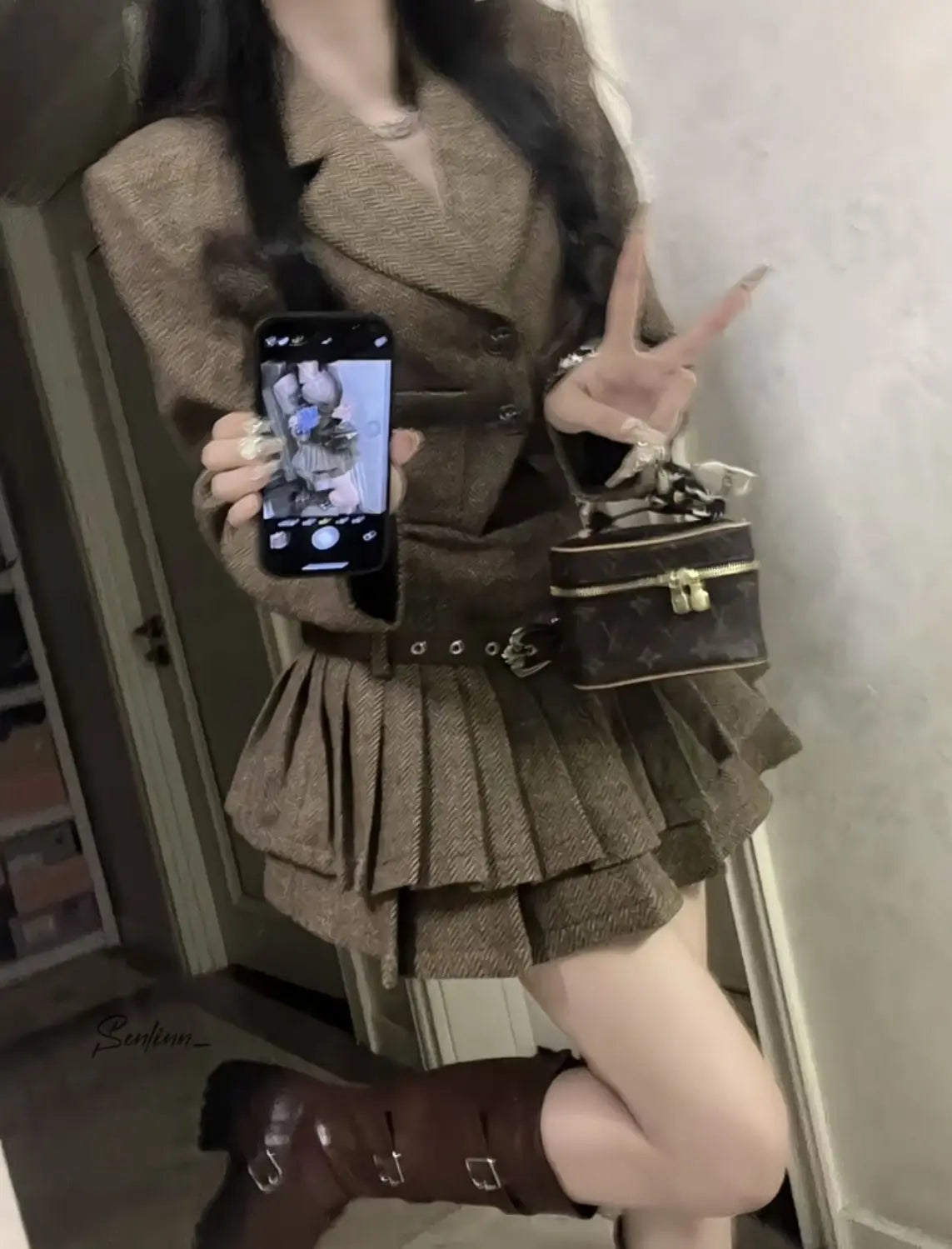 French Vintage Chic Short Suit Jacket And Pleated Skirt Dress Set Women's Fashion Autumn Winter Outfit Elegant Lady Style