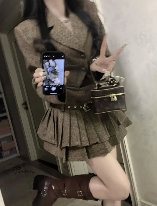 French Vintage Chic Short Suit Jacket And Pleated Skirt Dress Set Women's Fashion Autumn Winter Outfit Elegant Lady Style