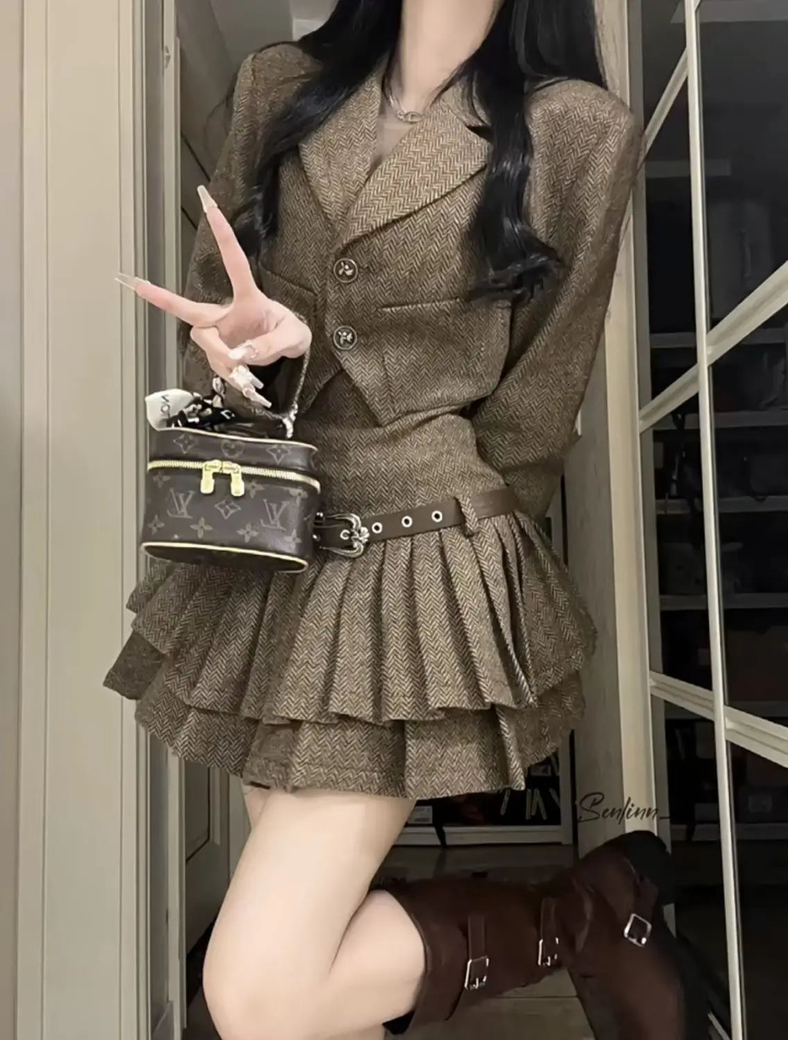 French Vintage Chic Short Suit Jacket And Pleated Skirt Dress Set Women's Fashion Autumn Winter Outfit Elegant Lady Style