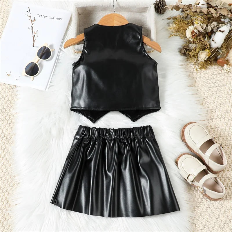 Kids Girls PU Leather Sets Fashion Summer Sleeveless Button down Cropped Vests and Pleated Mini Skirt Children Streetwear Outfit