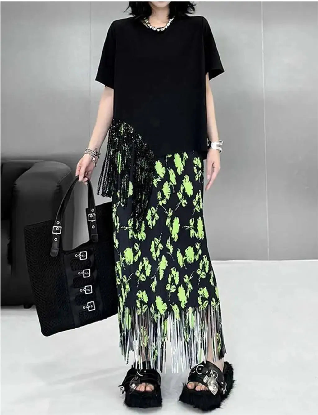 European and American style fold print design sense fringe skirt women's spring and summer new high-waisted fashion hundred half