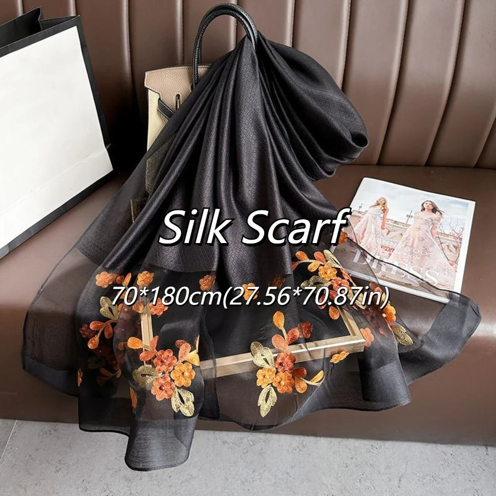 Fashion Soft Thin Luxury Silk Scarf Flower Embroidery Foulard Women Hijab Shawls Wraps Large Shiny Lace Scarf Female