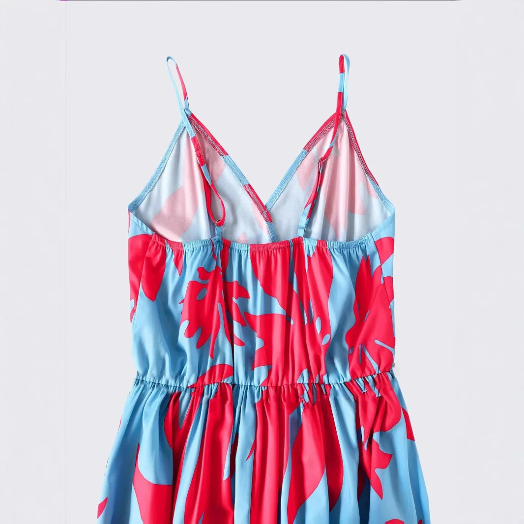 Fashionable French Style Midi Dress Multi-Color Deep V Waist Print Long Sleeveless Streetwear Trendy Elegant Cross-Border Gown