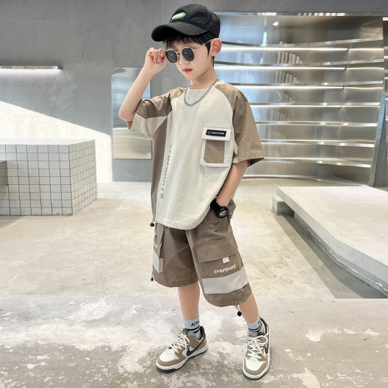 Kids Clothing Sets For Boys Fashion Short Sleeve T Shirts Shorts 2pcs Tracksuits Summer Children Teenager Sportswear Suits 5-14Y