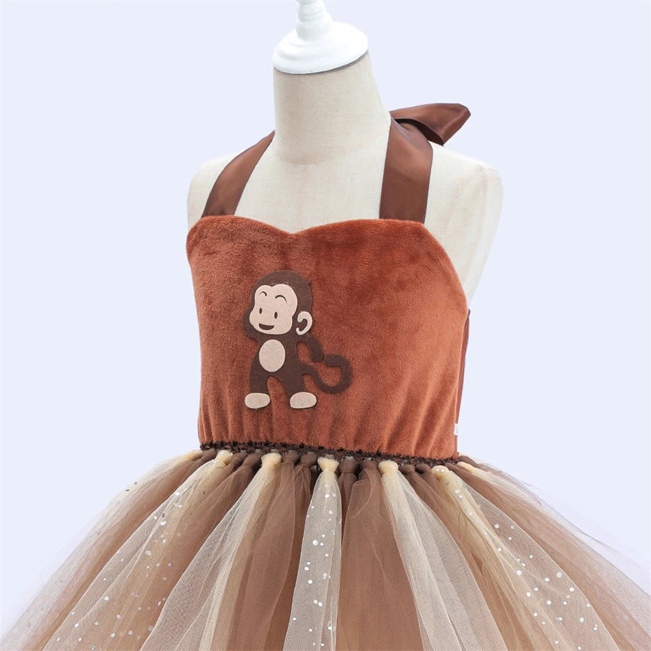 Kids Cartoon Tutu Mesh Gown Girls Monkey Elephant Squirrel Brown Bear Fox Sling Dress Headwear Sets Children Performance Vestido