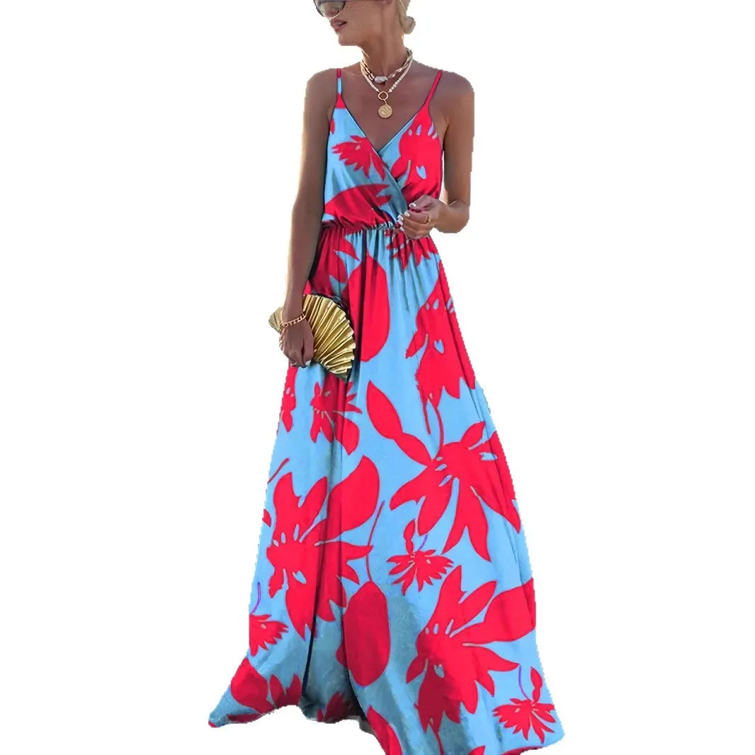 Fashionable French Style Midi Dress Multi-Color Deep V Waist Print Long Sleeveless Streetwear Trendy Elegant Cross-Border Gown