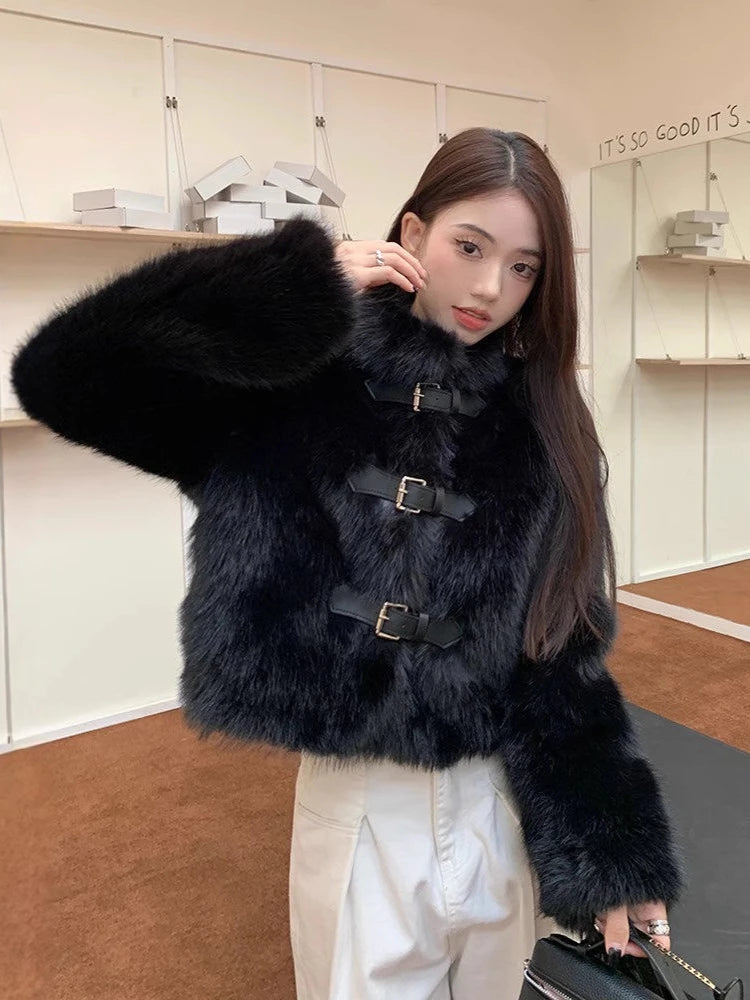 Korean Fashion Black Elegant Belt Button Fall Autumn Winter Warm Furry Coat Imitation Mink Velvet High Street Outwear