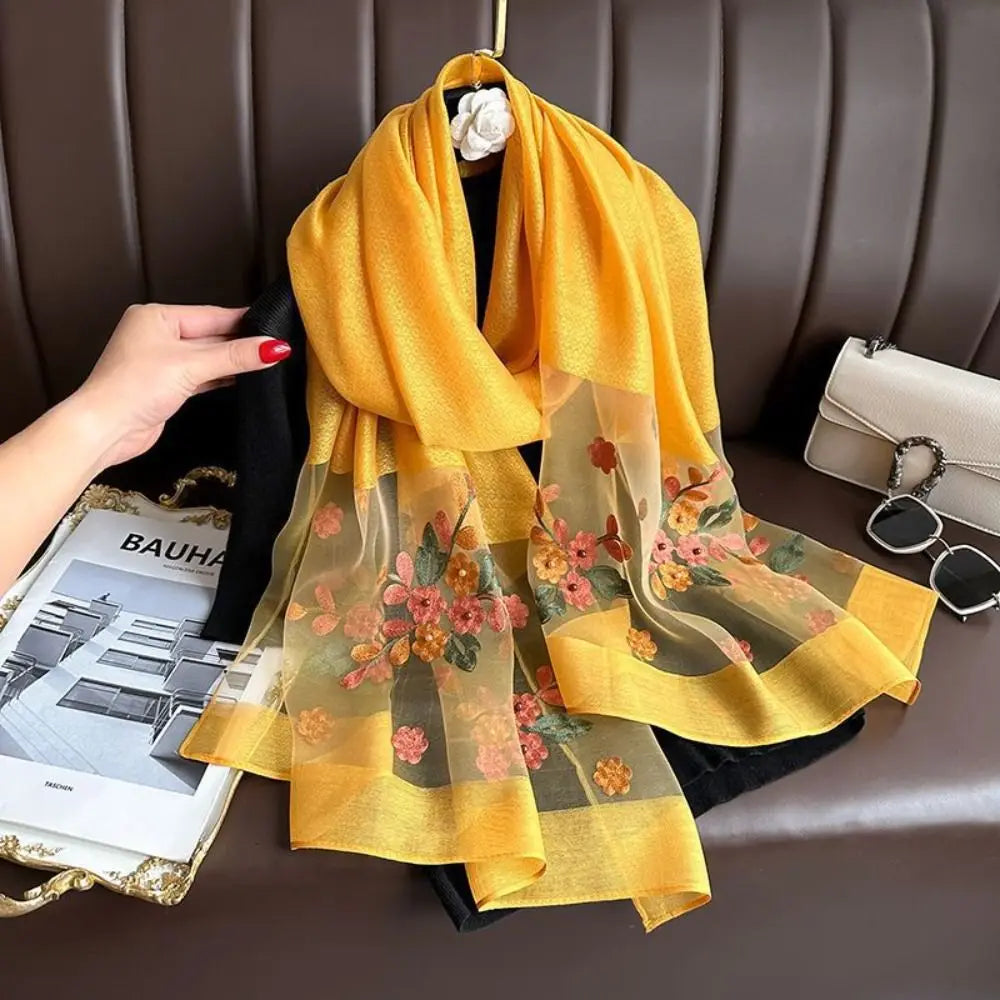 Fashion Soft Thin Luxury Silk Scarf Flower Embroidery Foulard Women Hijab Shawls Wraps Large Shiny Lace Scarf Female