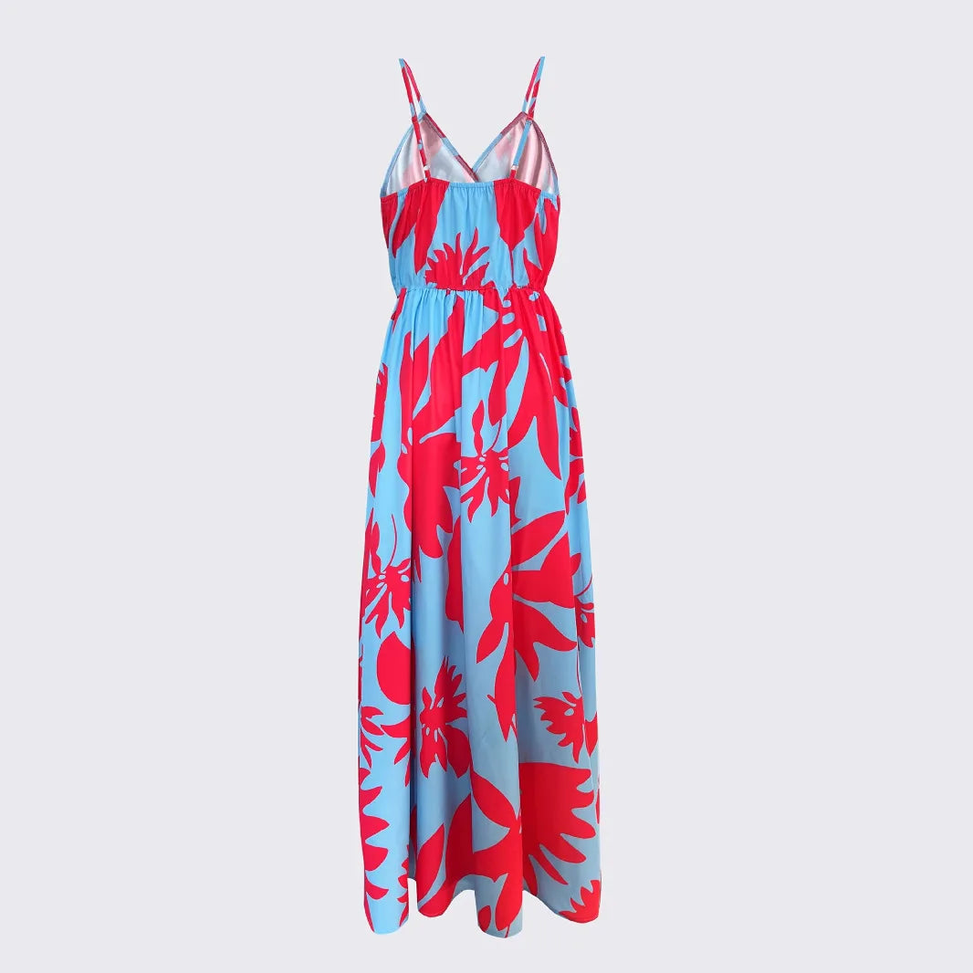 Fashionable French Style Midi Dress Multi-Color Deep V Waist Print Long Sleeveless Streetwear Trendy Elegant Cross-Border Gown