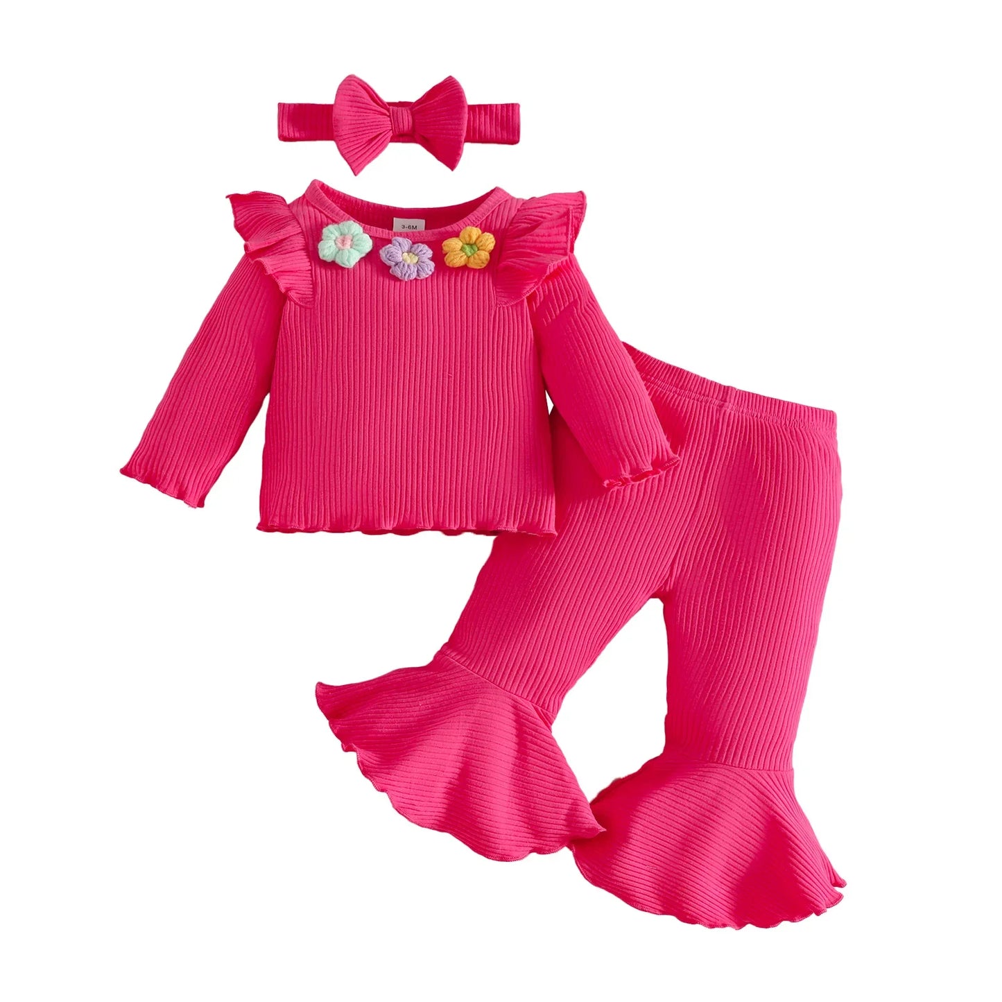 Kids Girl Outfit Set 0-3Y Clothes Baby Girls Floral Applique Ruffle Top and Solid Flared Pants with Headband Stylish Casual Wear