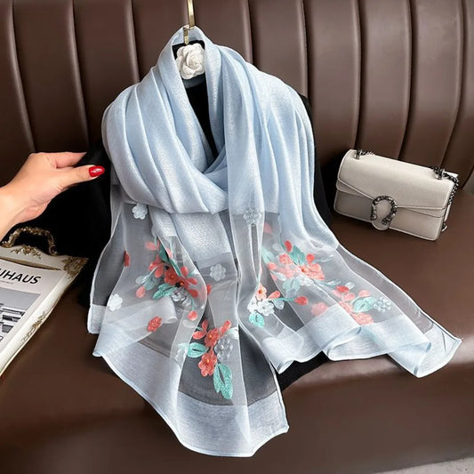 Fashion Soft Thin Luxury Silk Scarf Flower Embroidery Foulard Women Hijab Shawls Wraps Large Shiny Lace Scarf Female